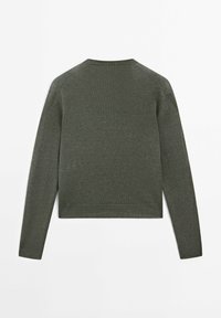 Maglione verde corto con maniche lunghe, realizzato in un tessuto a maglia liscia. Presenta un colletto arrotondato e polsini a coste.
