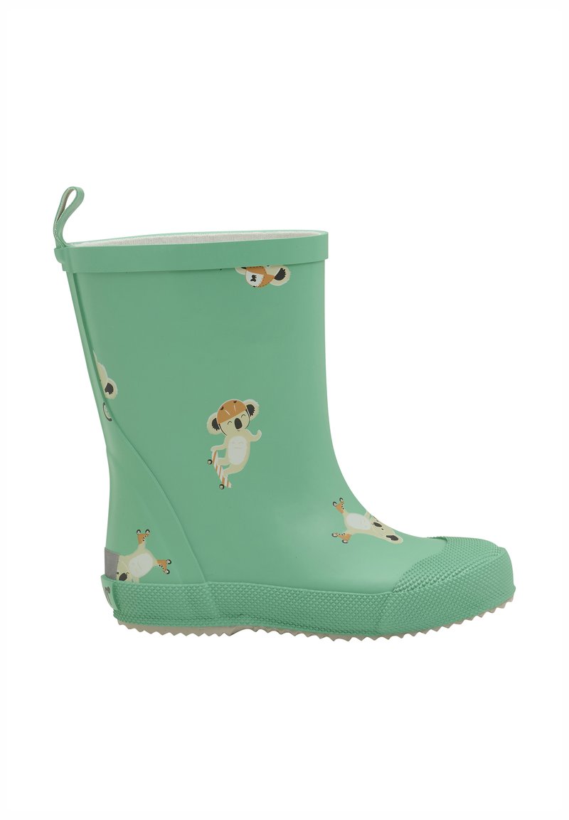 Botte de pluie en caoutchouc vert menthe avec une finition lisse, ornée d'un motif de koala ludique et d'une semelle texturée pour une meilleure adhérence. Comprend une languette à l'arrière.