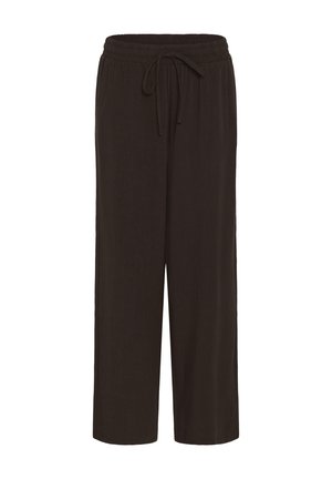 Pantalon large marron foncé avec taille élastique et cordon de serrage à l'avant, en tissu léger.