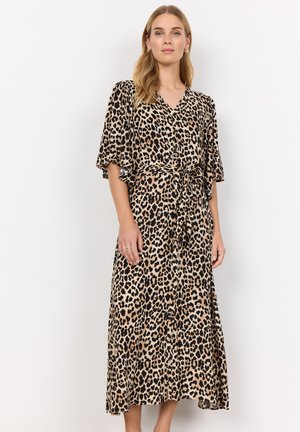 Leopardenmuster Midi-Kleid in Beige und Schwarz, mit V-Ausschnitt, kurzen Schmetterlingsärmeln und einem selbstgebundenen Taillengürtel für einen figurbetonten Look.