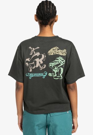 Black cotton t-shirt with a cropped design, featuring colorful, abstract cartoon graphics on the back and short sleeves.
