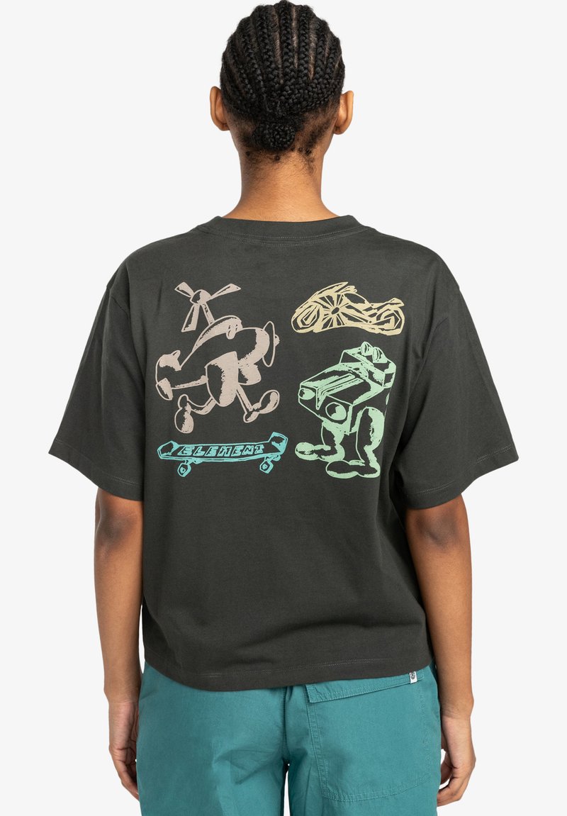 Black cotton t-shirt with a cropped design, featuring colorful, abstract cartoon graphics on the back and short sleeves.