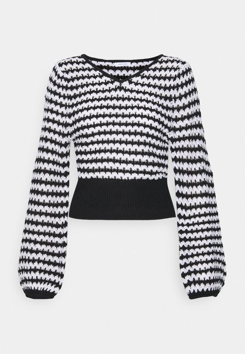 Pull en maille à rayures noires et blanches avec col en V, manches longues bouffantes et taille côtelée ajustée.