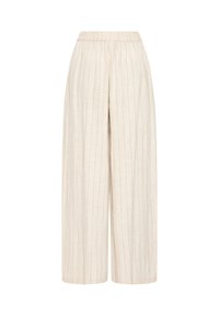 Pantalon crème taille haute à jambes larges avec fines rayures verticales et taille élastique, conçu pour une coupe décontractée.