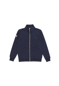Navy zip-up jacket made of soft fabric featuring a high collar, two front pockets, and a logo on the left chest and sleeve.
