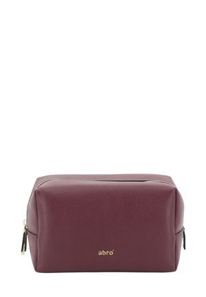 Rectangular maroon leather toiletry bag with gold zipper and small gold "abro" logo on front.