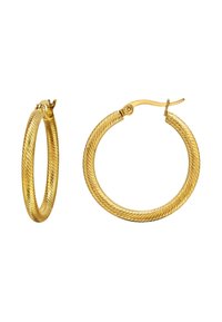 Un paio di orecchini a cerchio in oro texturizzato, uno mostrato di fronte e l'altro di lato con la chiusura aperta, su uno sfondo bianco.