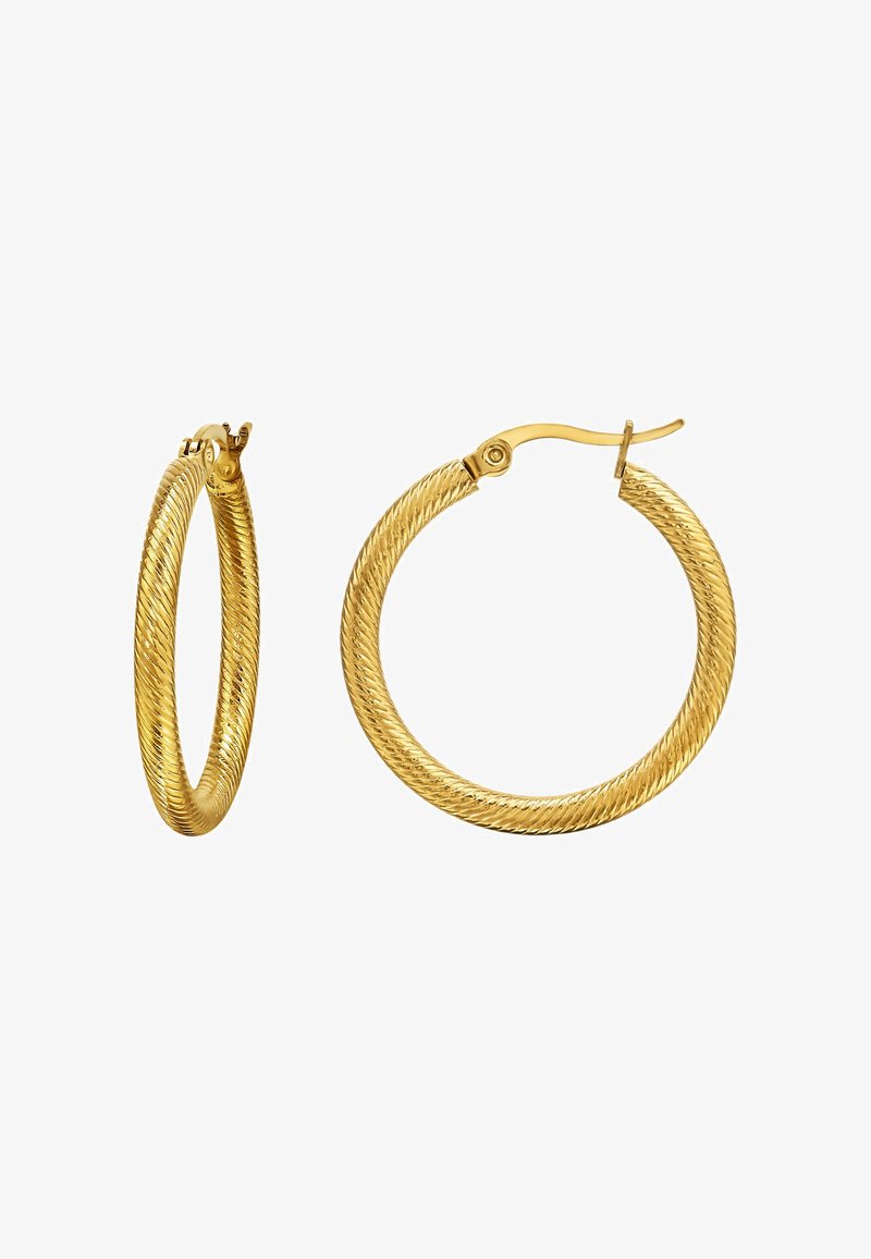 Un paio di orecchini a cerchio in oro texturizzato, uno mostrato di fronte e l'altro di lato con la chiusura aperta, su uno sfondo bianco.