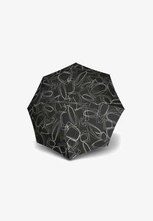 Black umbrella with white abstract line patterns, eight-panel design, smooth texture, and a central opening mechanism for ease of use.