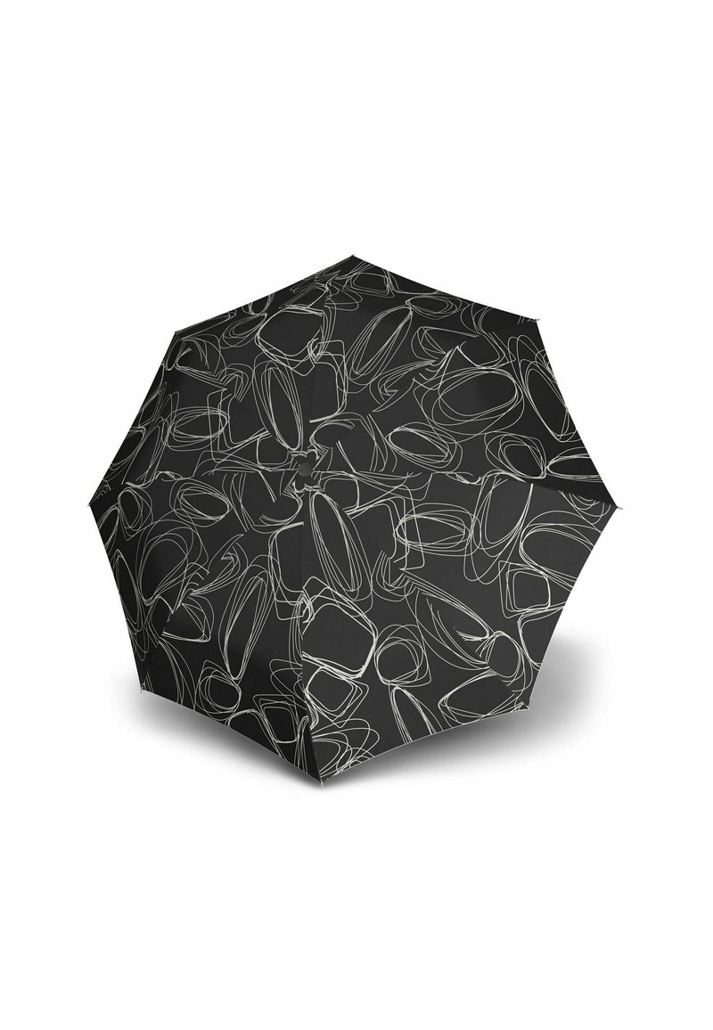 Zwarte paraplu met witte abstracte lijnpatronen, ontwerp met acht panelen, gladde textuur en een centraal openingsmechanisme voor gebruiksgemak.