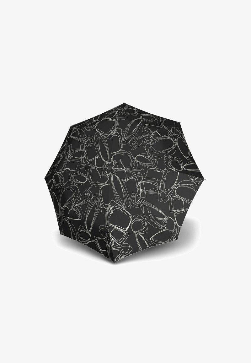 Parapluie noir avec des motifs abstraits blancs, design à huit panneaux, texture lisse et un mécanisme d'ouverture central pour une utilisation facile.