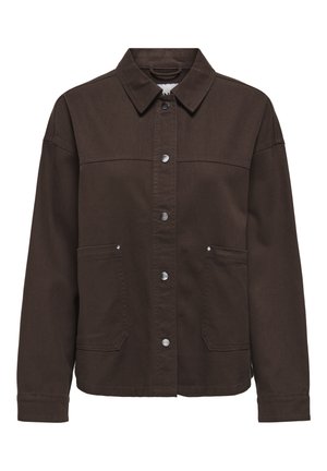 Veste marron foncé boutonnée avec manches longues, deux poches avant avec rivets et col pointu.