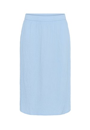 Light blue skirt with a textured fabric. Features an elastic waistband and a straight cut, ending just above the knee. No visible patterns.