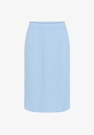 Fustă albastru deschis dintr-un material texturat. Are un tiv elastic și o croială dreaptă, terminându-se chiar deasupra genunchiului. Fără modele vizibile.