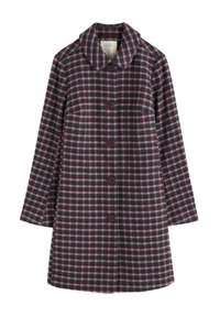 Karirani kaput u tamnozelenim, crvenim i bijelim nijansama; ima veliki ovratnik, zatvaranje s dugmićima sprijeda i duge rukave. Mekana tekstura tkanine.