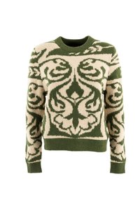 Pullover a maglia con un motivo floreale verde e beige, colletto e polsini a costine, dalla texture morbida e dal fit rilassato.