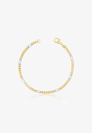 Bracciale in oro e argento con maglie alternate, chiusura a moschettone e finitura lucida. La superficie riflettente esalta i dettagli.
