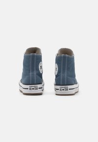 Modré plátené tenisky s vysokým strihom, bielym prešitím, gumovou podrážkou a čiernym brandingom Converse All Star na päte.