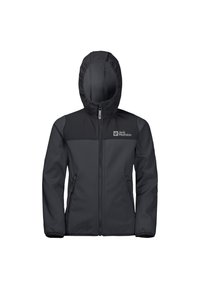 Schwarze Softshelljacke mit Kapuze, ausgestattet mit einem Reißverschluss vorne, zwei Seitentaschen und einem Logo auf der linken Brust. Glatte Textur und taillierte Passform.