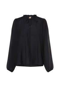 Marinblus med långa ärmar, volangkrage, knytframslängd och texturerad tyg; har lätt samlade axlar och elastiska ärmslut.