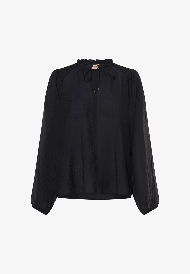 Marinblus med långa ärmar, volangkrage, knytframslängd och texturerad tyg; har lätt samlade axlar och elastiska ärmslut.