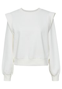 White sweatshirt made of soft fabric, featuring puffed shoulders, long sleeves with elastic cuffs, and a cropped hem design.