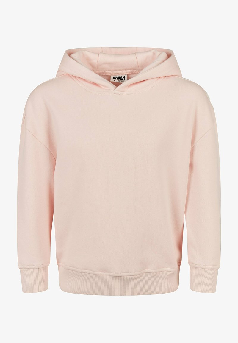 Sweat à capuche rose clair en tissu molletonné doux, doté d'une capuche et de poignets côtelés. Design simple, sans motifs ni graphismes visibles.