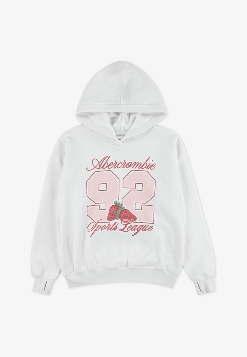 Λευκό φούτερ με κουκούλα που διαθέτει μεγάλο γραφικό με το κείμενο "Abercrombie 92 Sports League" σε ροζ, με διακοσμητικά φράουλας. Μαλακό βαμβακερό ύφασμα.