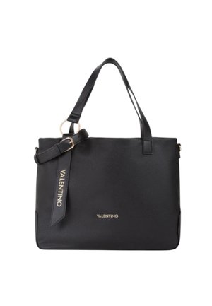 Borsa tote in pelle nera con due manici, una tracolla removibile, dettagli in hardware dorato e logo stampato sul frontale. Texture liscia.