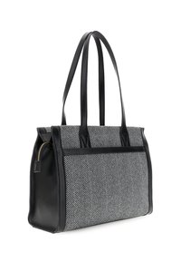 Borsa a tracolla in tessuto a spina di pesce nera e grigia con due lunghe maniglie in pelle, chiusura con zip e forma rettangolare strutturata.