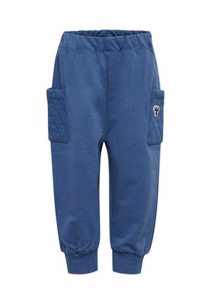 Blå barnens joggerbyxor med elastisk midja och mudd, med kviltade sidofickor, varav en med en liten djuransiktsapplikation.