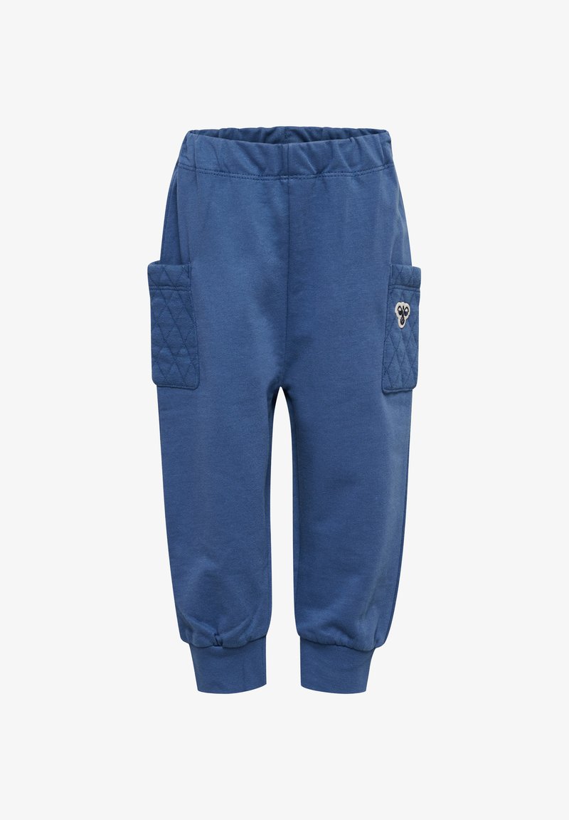 Blauwe joggers voor kinderen met een elastische tailleband en boorden, voorzien van gevoerde zijzakken, waarvan er één een klein dierengezichtje heeft als patch.