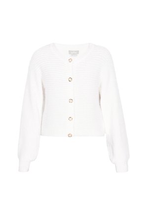 Hvid cropped cardigan i struktureret strik, med V-udskæring, lange ærmer og guldfarvede knapper foran.
