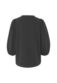 Dark gray top with a round neckline, balloon sleeves, and gathered cuffs, made from a soft, smooth fabric. No visible patterns or hardware.