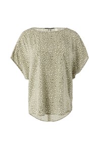 Haut à manches courtes en tissu vert olive clair avec un motif à pois blancs, coupe décontractée, ourlet arrondi et encolure large.