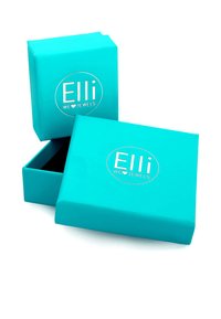 Turkis smykkeskrin, mat finish, firkantet form, brandet med "Elli" og "VI ♥ SMYKKER" i hvid. Et låg åbent for at afsløre indersiden.