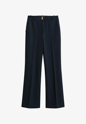 Navyblauwe, hooggetailleerde wijde broek met voorplooien, zijzakken, riemlussen en twee gouden knopen aan de tailleband.