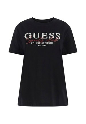 Zwarte kortärmelig T-shirt met de tekst "GUESS sports club unique attitude EST. 1981" in wit en rood gedrukt op de voorkant.