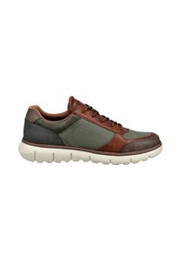 Herren-Sneaker aus grünem Canvas mit braunen Lederakzenten, runder Zehenpartie, flachen Schnürsenkeln und weißer Gummisohle mit strukturiertem Boden.