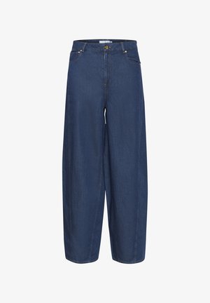 Wide-leg denim trousers in dark blue, featuring a high waist, front pockets, and subtle stitching details. Material: cotton blend.