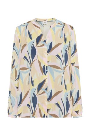 Blusa a maniche lunghe con motivo astratto di foglie in colori pastello beige, blu, giallo e marrone, con colletto alla coreana e polsini con bottoni.