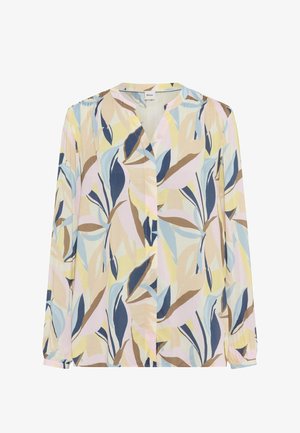 Langærmet bluse med pastel-farvet abstrakt bladmønster i beige, blå, gul og brun, med mandarinkrave og manchetter med knapper.