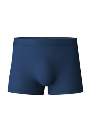 Pantaloni boxer blu navy realizzati in tessuto morbido; presentano un elastico in vita marchiato e un design aderente con una tasca frontale.