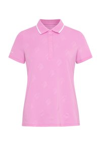 Camisa polo rosa hecha de una tela suave y transpirable. Presenta un cuello blanco, mangas cortas y un patrón de logo sutil en toda la prenda.