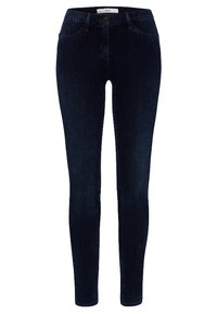 Jeans ajustados en denim azul oscuro, con un diseño clásico de cinco bolsillos, cierre de cremallera y una silueta ajustada para una apariencia estilizada.