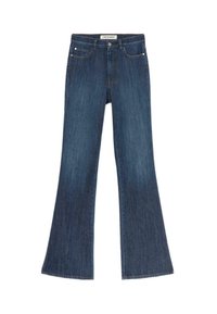 Jeans a zampa d'elefante in denim scuro con vita alta, dotati di tasche anteriori, chiusura con bottone e dettagli di cucitura minima sulle cuciture.