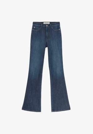 Dunkelblaue, schmal geschnittene Jeans mit hoher Taille, ausgestattet mit Vordertaschen, einem Knopfverschluss und minimalen Nähten an den Saumkanten.