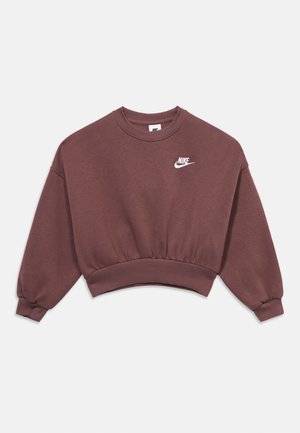 Afkortet lilla Nike sweatshirt med lange ærmer, ribbet manchetter og kant samt hvid Nike-logo på venstre bryst.