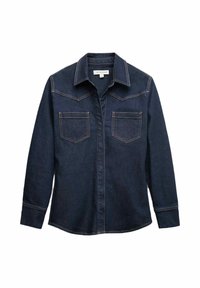 Mørkeblå denimskjorte med lange ærmer, spidse krave og to brystlommer. Har kontrastfarvet orange syninger og en lige kant.