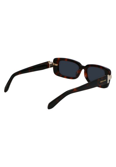Ochelari de soare din tortoiseshell cu lentile întunecate, ramă rectangulară și accente din metal auriu pe templu. Finisaj din plastic neted.